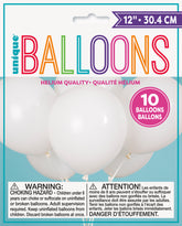White 12 Inch Latex Balloons 10 Per Package